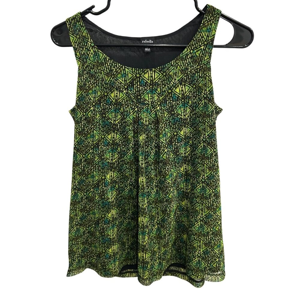 Rafaella Womens Sleeveless Green Black Geometric Print Boho Tank Top S